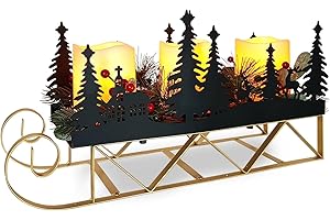 SUNNYPARK Christmas Sleigh Table Centerpieces Decorations, Xmas Black Cut-Out Tree Sleigh LED Candle Candelabrum with Timer Holiday Candle Holder for Home Party Table Mantel Decoration