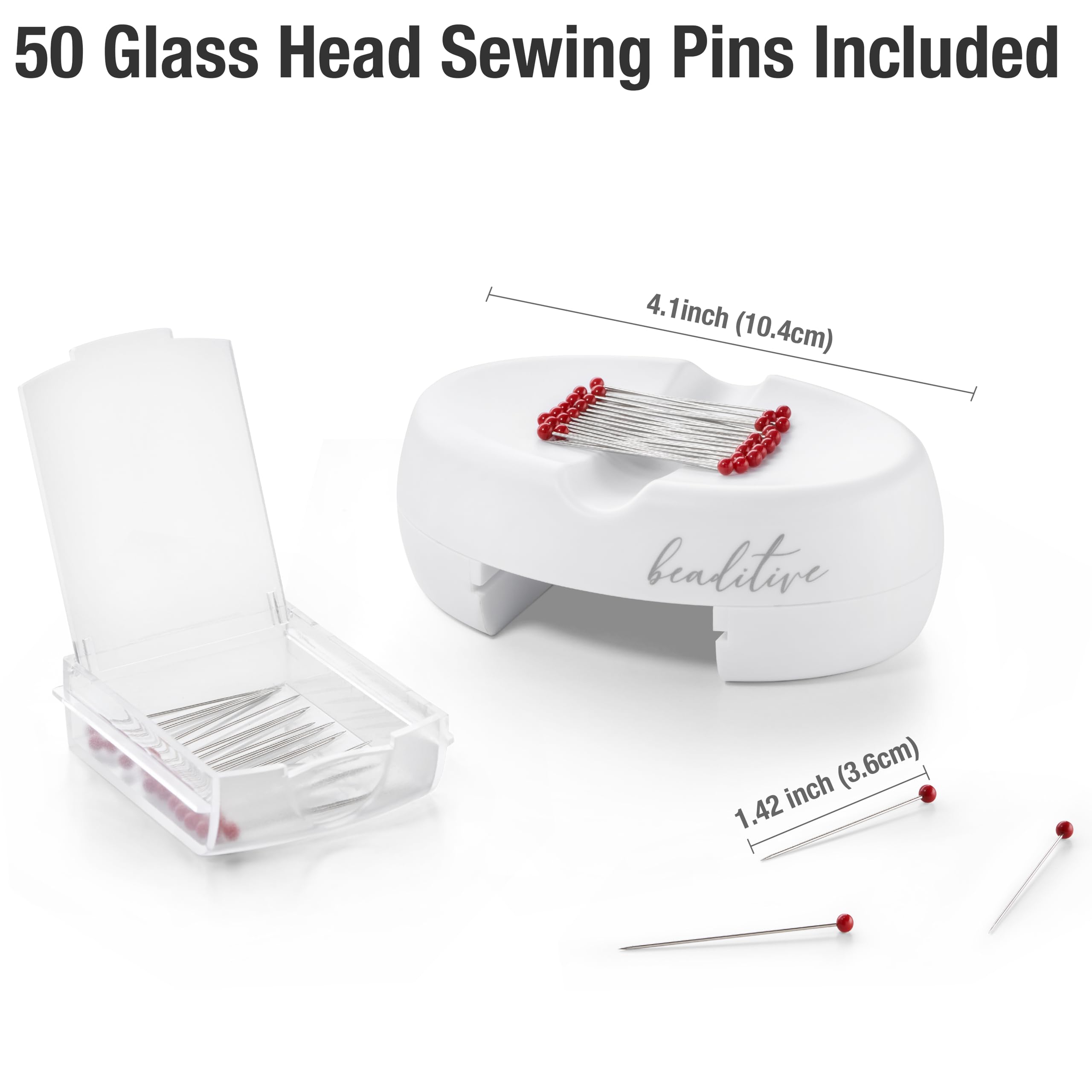 Beaditive Magnetic Pin Cushion with Drawer - Strong Magnet Pin Holder Cushions for Sewing - 50 Glass Head Quilting Pins Included - Chic Pincushion Caddy for Sewing Pins, Paper Clips, Screws – White