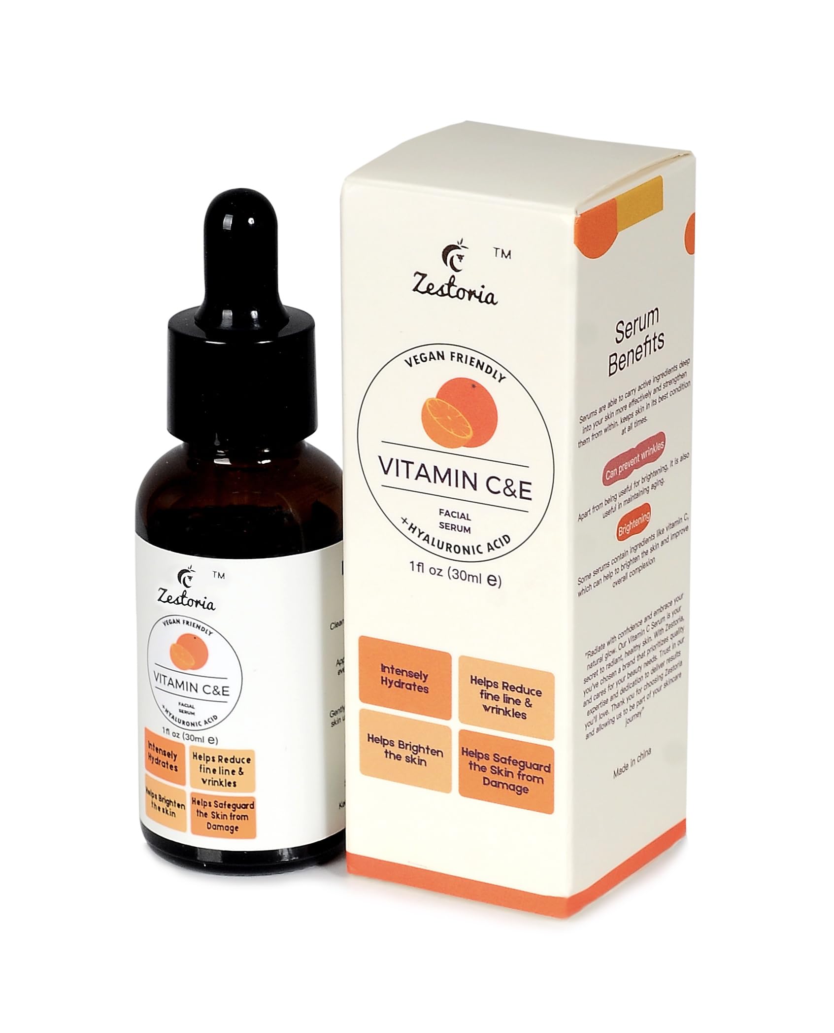 Zestoria Vitamin C Serum for face with Hyaluronic Acid & Vitamin E, Anti-Aging, Brightens & Hydrates Skin. Brightening serum Suitable for All Skin Types, Vegan & Cruelty-Free, 30 ml