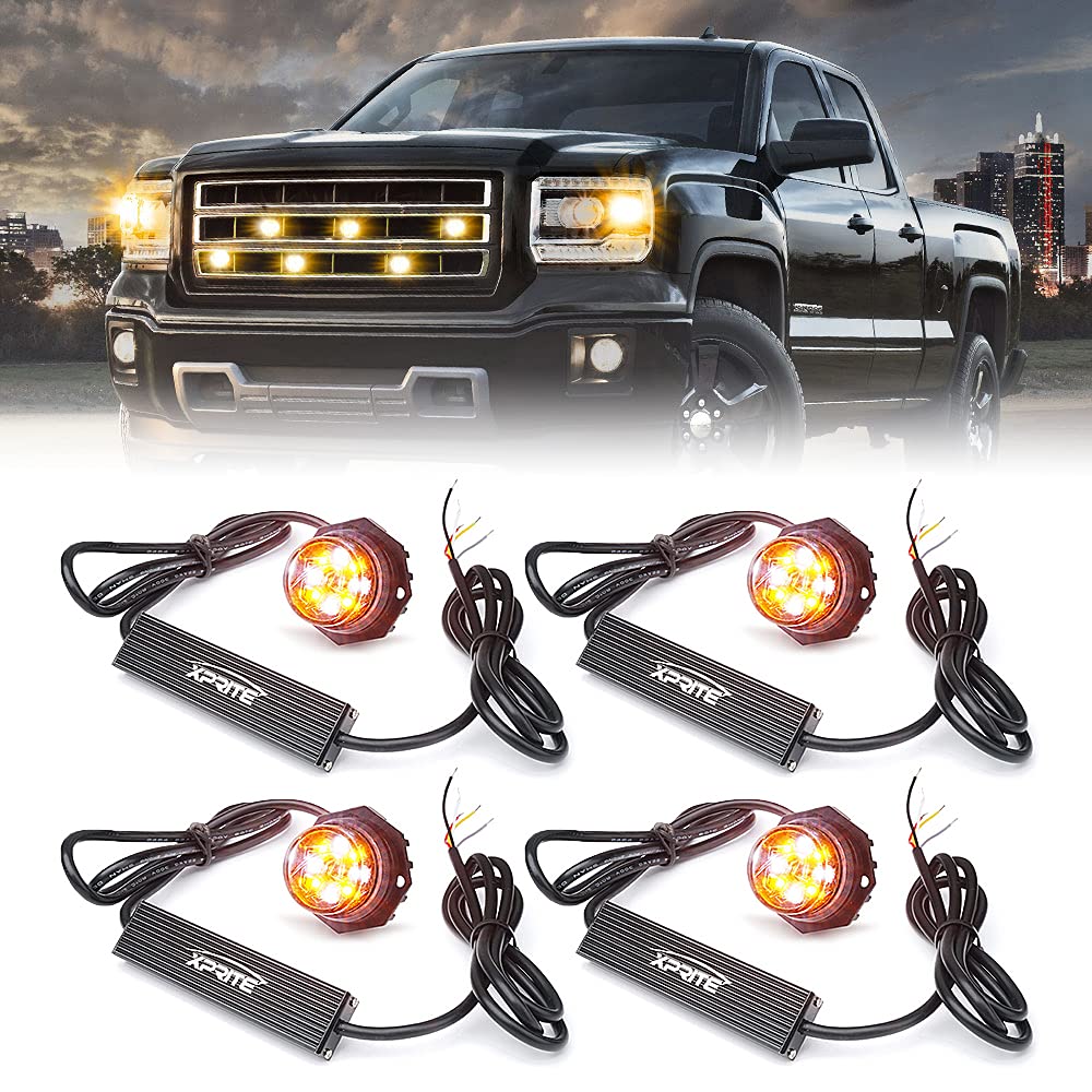 Photo 1 of Xprite Hideaway Strobe Lights White Amber LED Strobe Light Kit with 14 Flash Patterns Grill Strobe Lights for Trucks Surface Mount Headlight Taillight Emergency Warning for Work and Tow Vehicles -4PCS