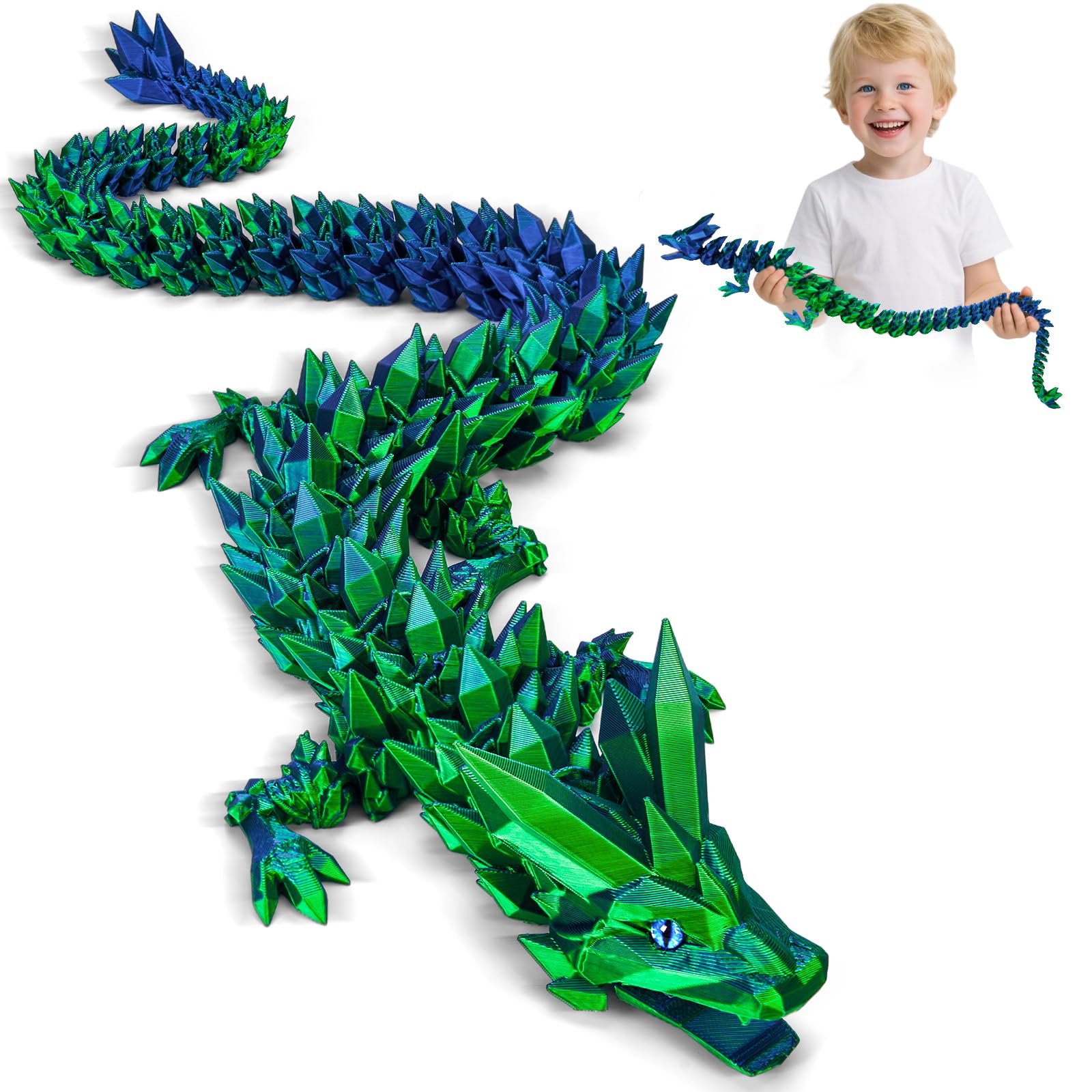 3D Printed Dragon Toys with Eyes - 24 inches Dazzling Gradient Crystal Wyrm, Bendable and Flexible Big Fidget, Articulated Gem Serpent Figure for Home Office Decor, Easter Gifts for Kids