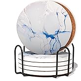 Marble Ceramic Coasters with Metal Holder 6 Pcs Abstract Absorbent Drink Round Ceramic Table Coasters Set Decorative Coffee Cup Beverage 4 Inches- Light Blue