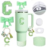 6PCS Green Stanley Cup Accessories Set for Stanley Cup 30 40oz Tumbler with Handle, Including Silicone Bow Straw Covers Cap, Spill Proof Stopper, Glitter Silicone Boot, Handle Charm, letter Patch (C)