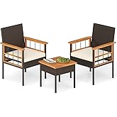 Tangkula 3 Piece Outdoor Wicker Conversation Furniture Set, Patio Rattan Cushioned Chair & Side Table Set with Acacia Wood Tabletop & Armrests, for Backyard, Porch, Balcony
