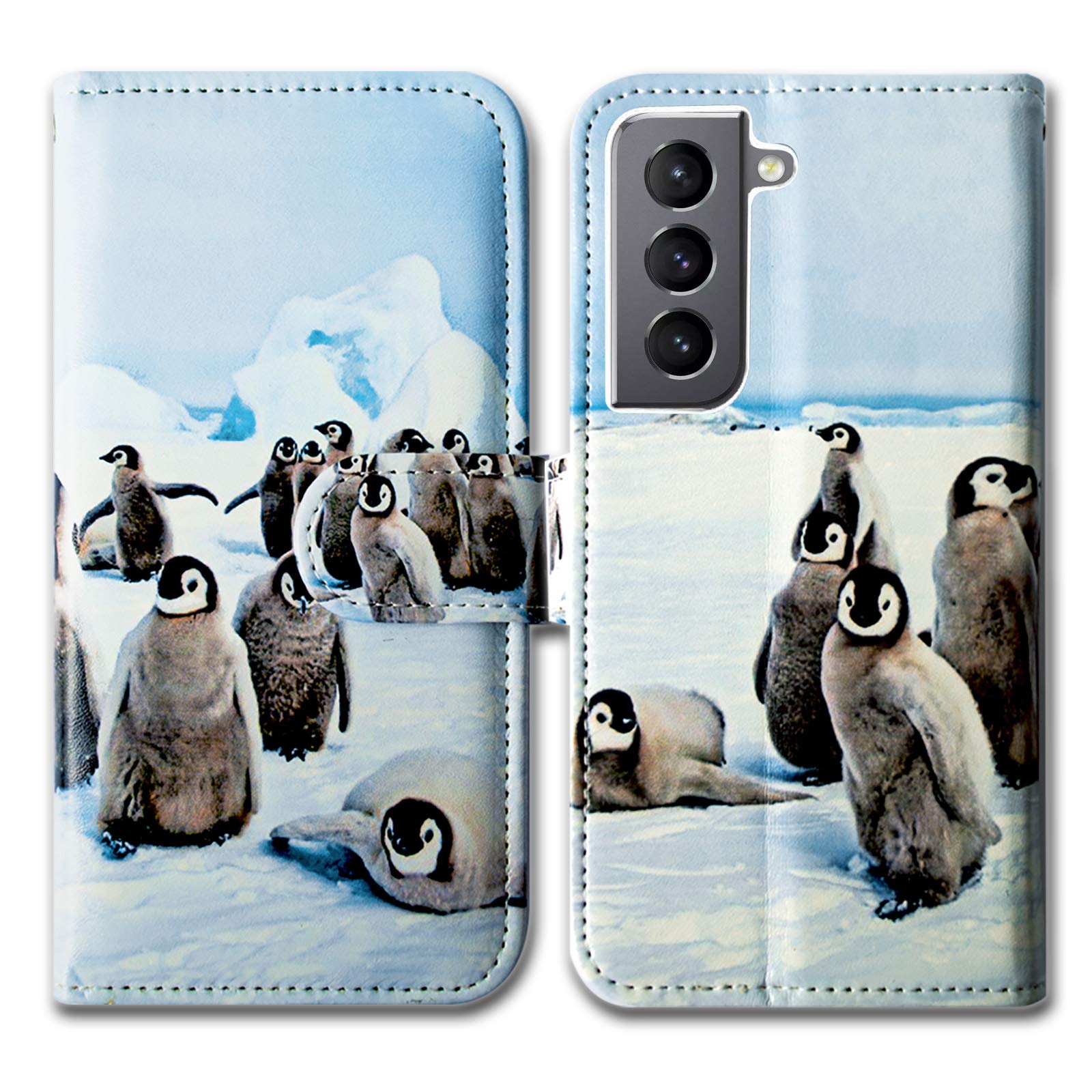 Bcov Galaxy S21 Case, Cute Playing Penguin Leather Flip Phone Case Wallet Cover with Card Slot Holder Kickstand For Samsung Galaxy S21