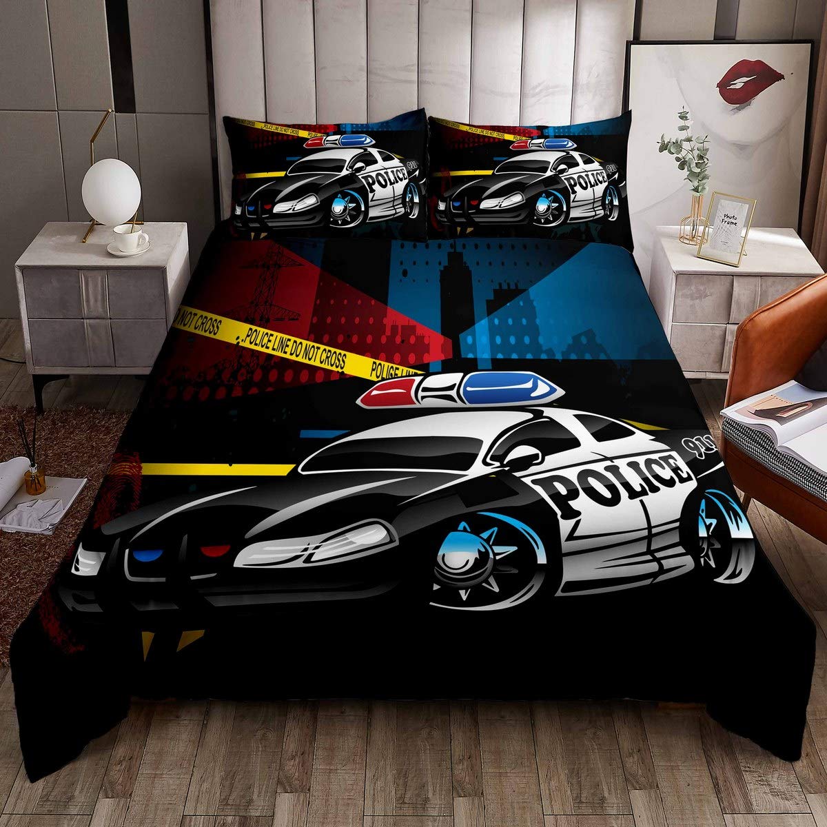 Police Car Duvet Cover Police Themed Bedding Set For Kids Boys Girls Police Line Vehicles Print Comforter Cover Ultra Soft Decor Automobile Style Cool Bedspread Cover Double Size Zipper