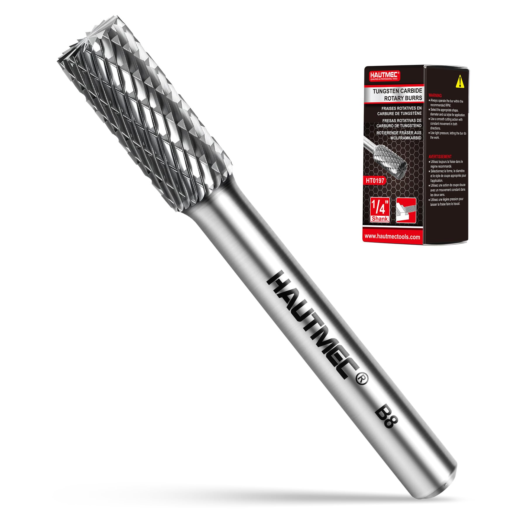 HAUTMEC Tungsten Carbide Rotary Burr Bit YG6, 1/4" Shank Double Cut Die Grinder Bit, Low Vibration Precision Rotary File for Metal Grinding, Engraving & Deburring (8MM Cylindrical Flat End), HT0197