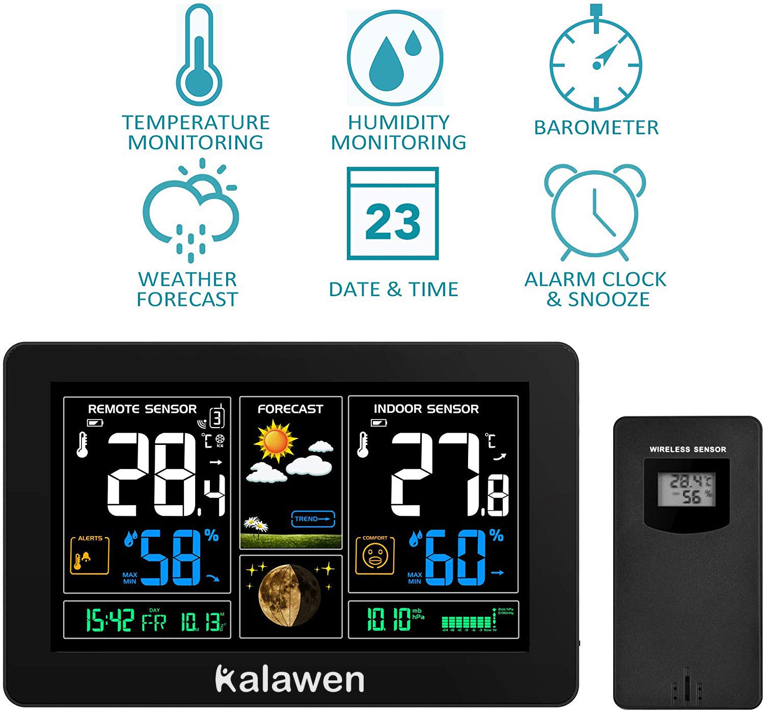 Kalawen Wetterstation mit Außensensor Innen und Außen 9-IN-1 Wireless Digital Wecker Barometer Weather Station Temperatur-Feuchtigkeits-Monitor Wettervorhersage für Zuhause Hausgarten Büro 2