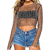 Women's Pearl Rhinestone See Through Long Sleeve Mesh Blouse One Piece Cover Up Crop Tops