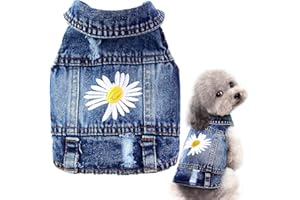 PAWSTRIP Dog Denim Jacket with Embroidered Daisy, Ripped Vintage Jean Vest for Small Dogs, Pugs, Chihuahuas, Spring Summer Autumn Festival Outfit