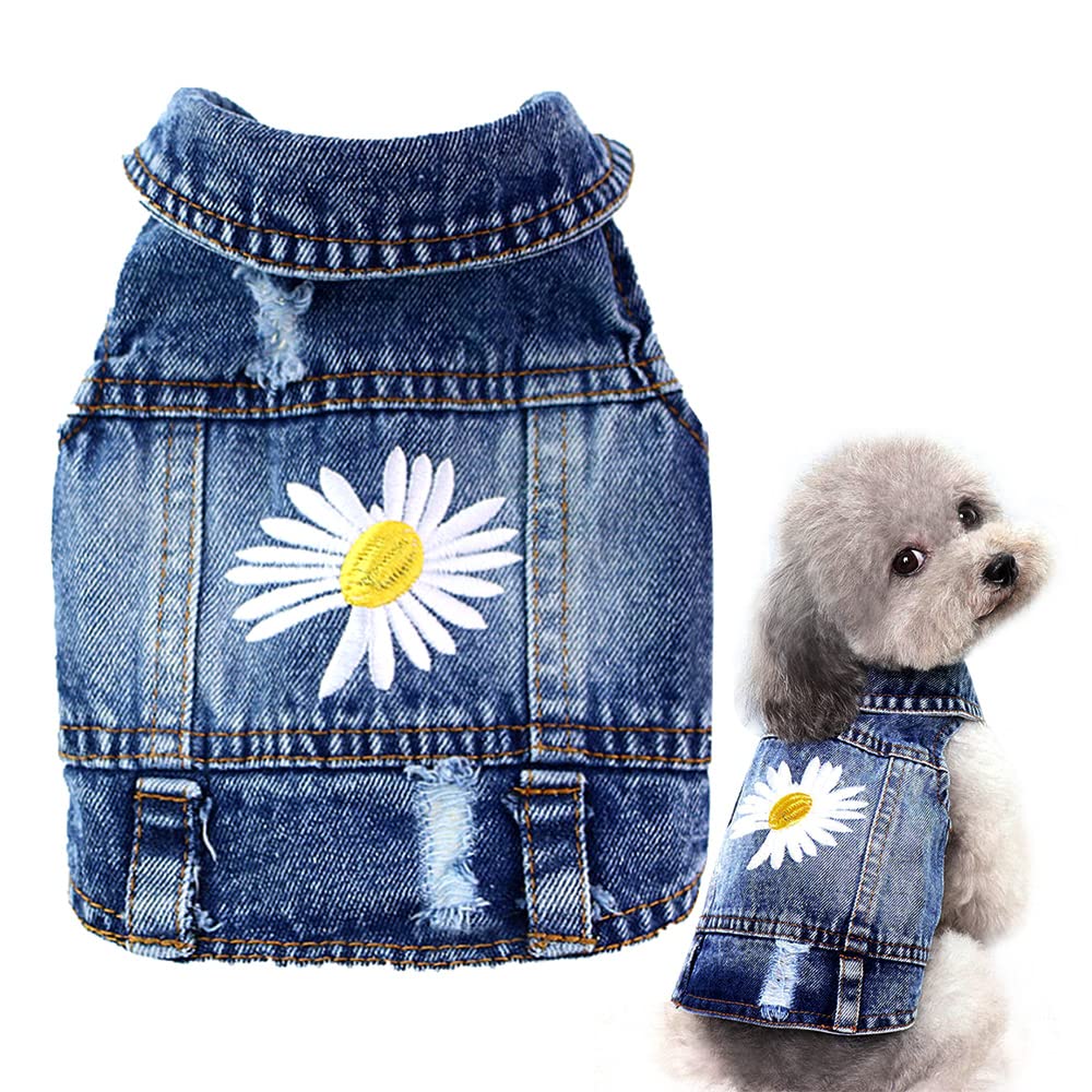 Photo 1 of Dog Denim Jacket with Embroidered Daisy, Ripped Vintage Jean Vest for Small Dogs, Pugs, Chihuahuas, Spring Summer Autumn Festival Outfit