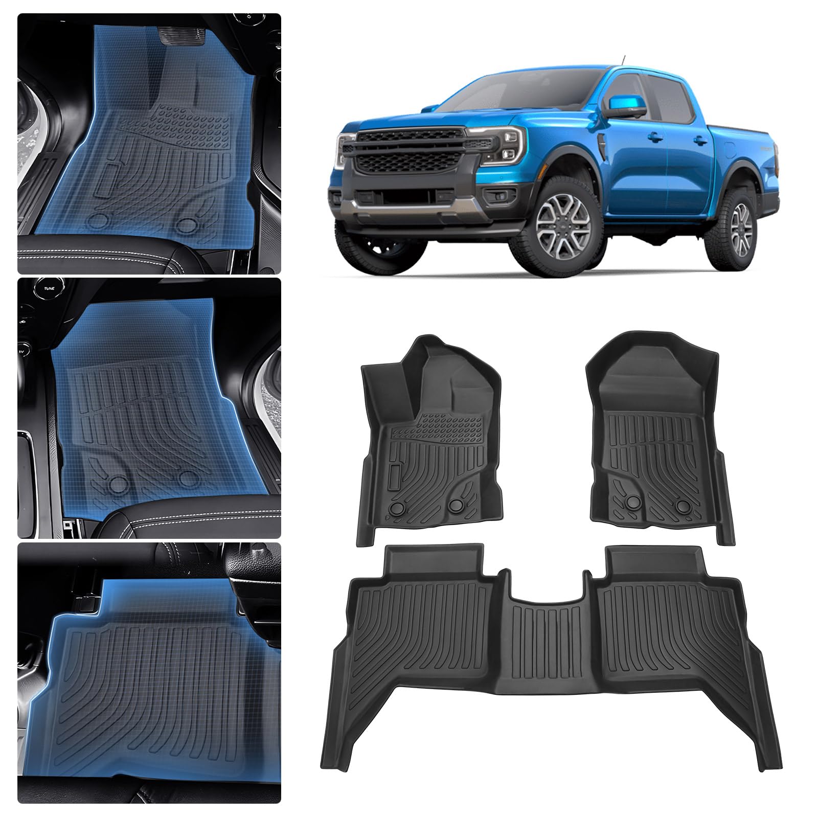 Photo 1 of All Weather Floor Mats for 2019-2023 Ford Ranger SuperCrew Accessories TPE Ranger Floor Liners Front&2nd Row Heavy Duty Black