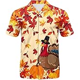 Eciodci Men's Thanksgiving Button Down Shirt Funny Turkey 3D Printed Fall Leaves Novelty Short Sleeve Hawaiian Shirts for Men