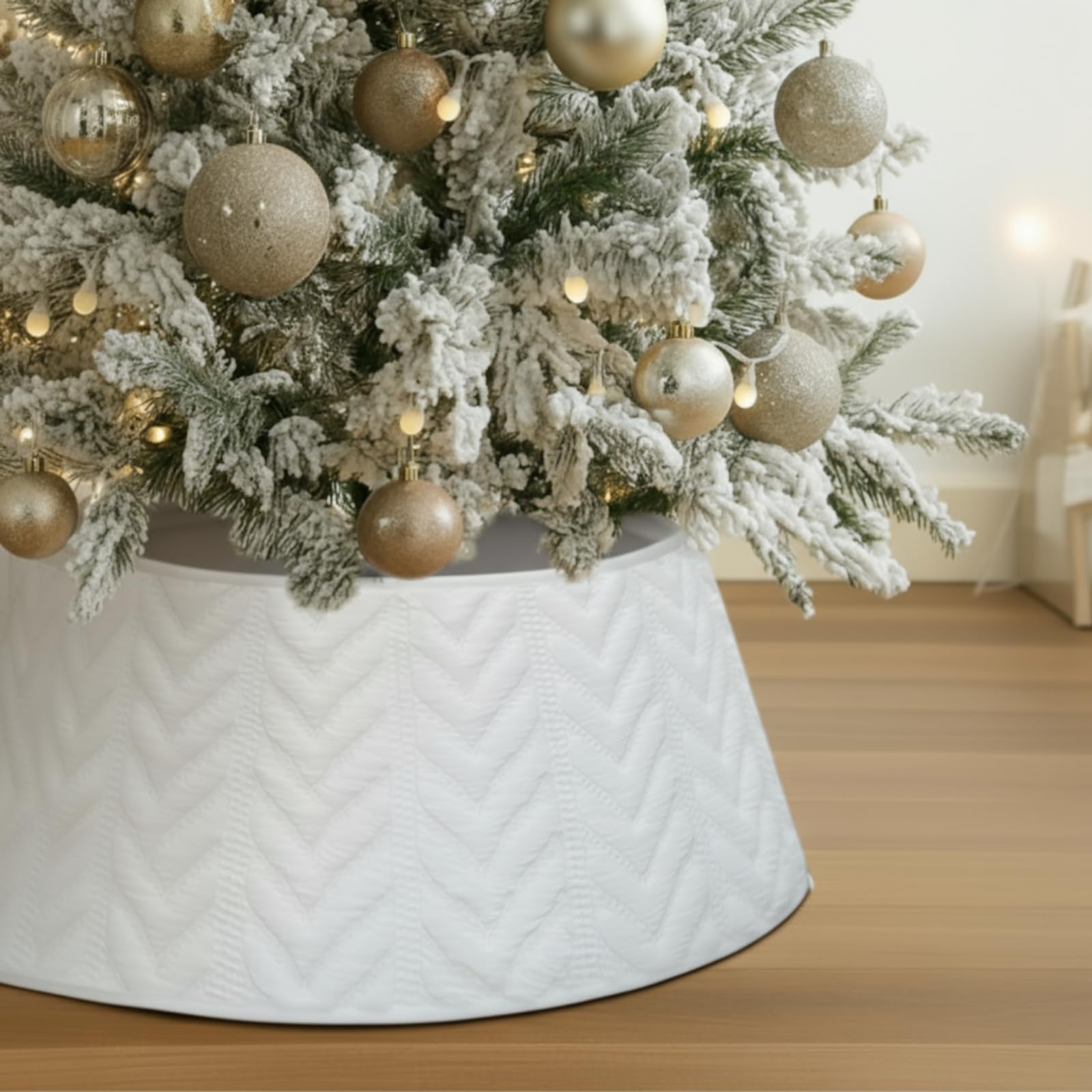 Photo 1 of Halloscume 28.35 Inch Christmas Tree Collar Xmas Tree Skirt Boho Rustic White Faux Fur Christmas Trees Ring Skirt with Textured Cross Chevron Pattern for Xmas Holiday Decoration Home Decor