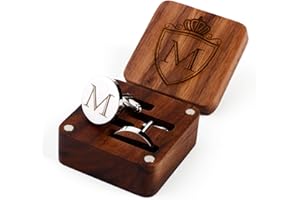 PROPHET CLUE PC Mens Initial Silver Cufflinks A-Z Alphabet Letter Steel Cuff Links with Engraved Walnut Wood Box Groom Groomsman Wedding Set…