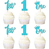 12Pcs 1st Birthday Cupcake Toppers Blue Glitter Crown Cake Picks for Baby Shower Anniversary Kids 1st Birthday Party Cupcake Decorations Supplies