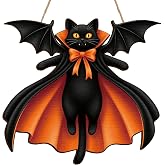 Soaoo Halloween Black Cat Decor, Vampire Bat Wooden Welcome Door Sign | Black Cat Wreath, Welcome Hanging Sign, Wood Door Hanger, Gothic Wall Decor, Cat Lovers Gifts, Front Door Home Window Decor
