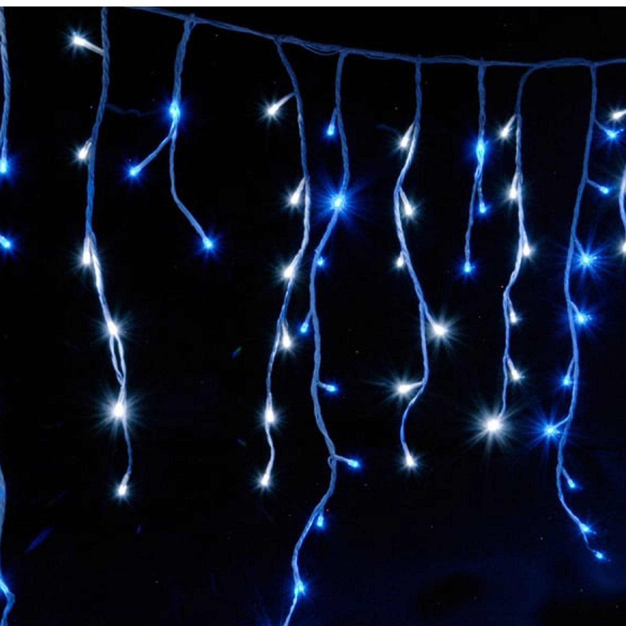 JnDee Icicle Christmas Fairy Lights Waterproof Outdoor/Indoor use. Blue & White 400 LED 10M Wide 80 Drops Plus a Massive 10M Lead Cable, 8 Modes, Low Safe Voltage White Cable