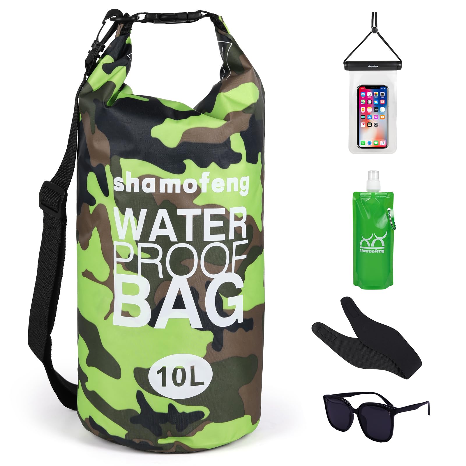 Photo 1 of shamofeng Waterproof Dry Bag 5L/10L/15L/20L/30L Roll Top Dry Storage Backpack with Phone Case, Collapsible Water Bottle, Sunglasses, Ear Band for Kayaking Boating Swimming Fishing Camping, Green 15L