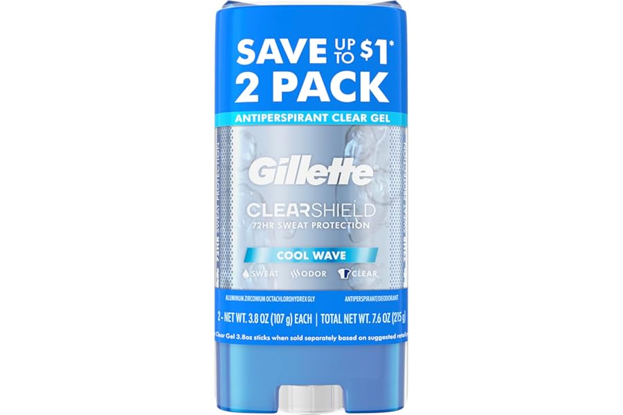 Gillette Antiperspirant and Deodorant for Men, 72hr Sweat & Odor Protection, Long Lasting Freshness, Anti-White Mark Technology, Clear Gel, Cool Wave Scent, 3.8 oz (Pack of 2)
