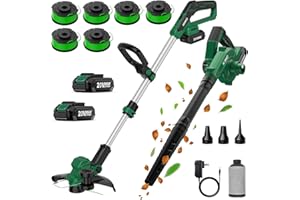 K I M O. KIMO Weed Wacker and Blower Combo w/2 x 2.0Ah Battery & Charger, 12 Inch String Trimmer w/6pcs Replacement Spools, 4-in-1 Leaf Blower Cordless w/Vacuum, 3 Nozzles & 20" Extended Tube for Yard, Garden