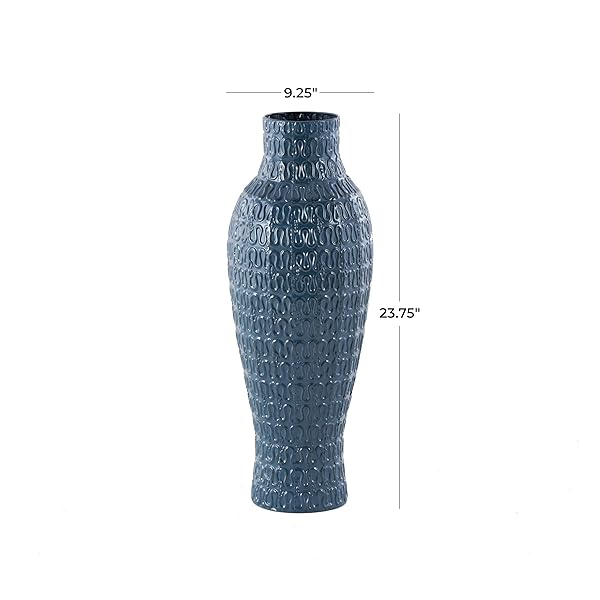 DECO 79 METAL DECORATIVE VASE DIMENSIONAL TEXTURED CENTERPIECE VASE WITH WAVY PATTERN, FLOWER VASE FOR HOME DECORATION 9″ X 9″ X 24″, DARK BLUE