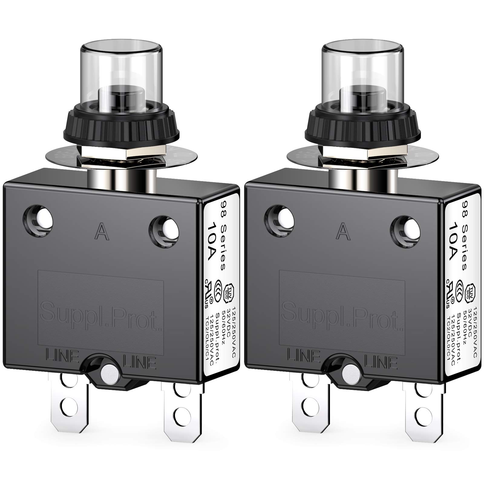 CLDIY Thermal Circuit Breaker 98 Series 10A 125/250VAC Push Button Reset for Circuit Breaker with Quick Connect Terminals and Waterproof Button Cover 32VDC Pack of 2