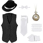 Toulite 1920s Mens Costume Roaring 20s Gangster Accessories Set Gangster Vest Hat Bow Tie Pocket Watch Armbands Spats