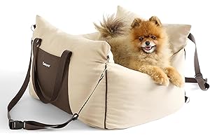 LE SURE Lesure Small Dog Car Seat for Small Dogs - Dog Booster Seat for Car with Waterproof Bottom, Clip-On Safety Leash and Thickened Memory Foam Filling, Pet Carseat Puppy Travel Carrier Bed, Beige