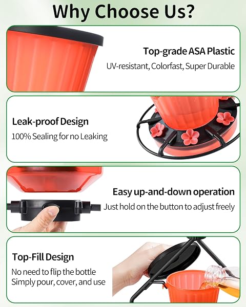 GOMAZONLE RETRACTABLE HUMMINGBIRD FEEDER, 19OZ TOP-FILL WIDE MOUTH WITH HEIGHT ADJUSTMENT, UV-RESISTANT ASA PLASTIC, 100% LEAK-PROOF BASE& DISHWASHER SAFE FEEDERS FOR OUTDOOR HANGING, BLACK