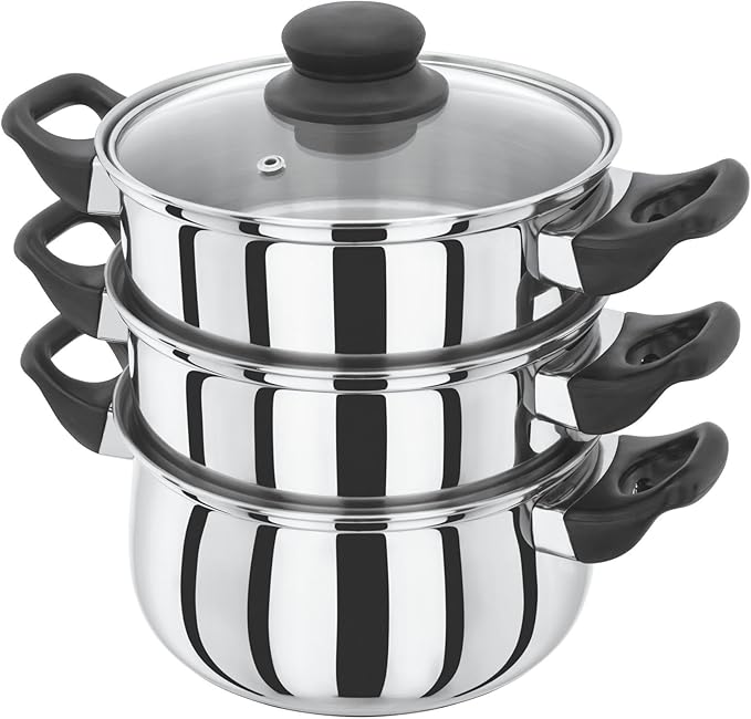 Judge Basics 22cm 3 Tier Multi Steamer with Glass Lid, Works on ALL Hob