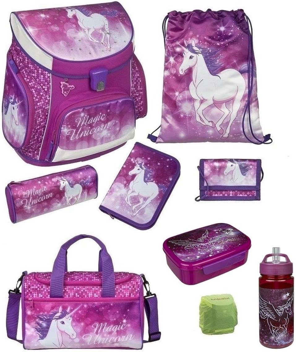 Familando Mädchen Schulranzen-Set 9 TLG. Scooli Campus Fit Pro Schultasche mit Sporttasche und Regenschutz Magic Unicorn Einhorn