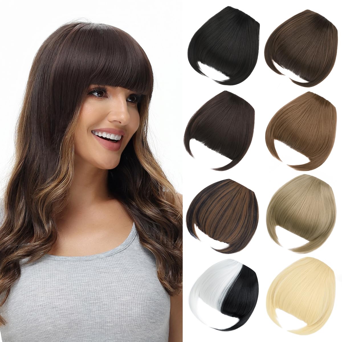 BUYOGET Clip in Fringe Hair Extension Natural Brown Mix Black Straight Fake fringe Clip on Bangs Hair Clip for Women — image 1