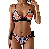 Aidonger Bikini Sets for Women Floral Two Piece Bathing Suit V Neck Shell Stitched Swimsuit Tie Side Triangle Swimwear