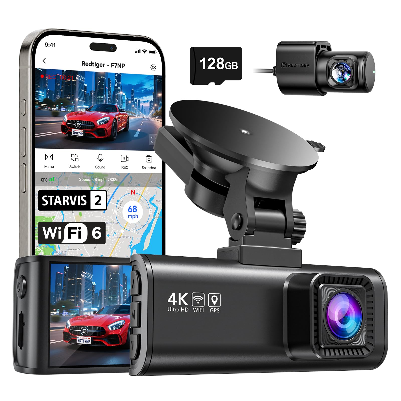 REDTIGER 4K Dash Cam Front and Rear, Fastest 5.8GHz Wi-Fi6 Dashcam with 128GB SD Card, STARVIS 2 Ultra Night Vision Dash Camera, 3.18” Screen, 170°Wide Angle, 24H Parking Mode, Max 512GB(F7NP)