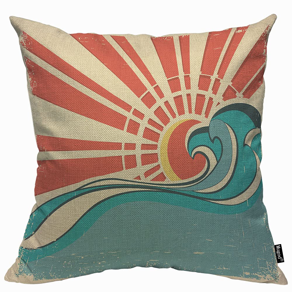 Mugod Blue Surf Sea Wave Cushion Cover Throw Pillow Covers Vintage of Nature with Sun Retro Beach Pillow Case for Men Women Decorative Home Sofa Chair Couch 45x45cm/18x18 Inch