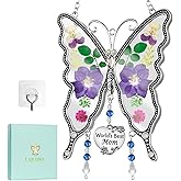 LARAINE Butterfly Suncatcher with Pressed Colourful Flower Wings Mother's Day Butterfly Glass Wind Chime Ornament Charm with Metal Heart Gifts for Mom Grandma Aunt Birthday (Purple, Mom)