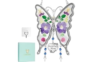 LARAINE Butterfly Suncatcher with Pressed Colourful Flower Wings Mom Mother's Day Butterfly Glass Wind Chime Ornament Charm with Metal Heart Gifts for Mom Grandma Aunt Birthday (Purple, Mom)