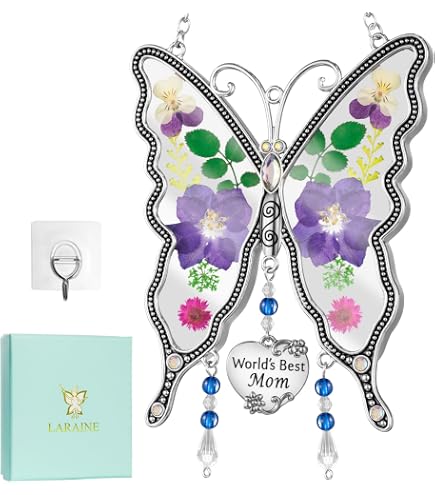 BOGDAN Butterfly Suncatcher Mit Gepressten Blumen – Glas-Windspiel Für Muttertag, 11,9 Cm