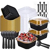 NYTGAH 100 Pack Mini Cake Pans with Lids, 5oz Aluminum Foil Dessert Cups with Lids Spoons Stickers, Disposable Small Cake Pans Baking Cups for Wedding Birthday Party (Gold)