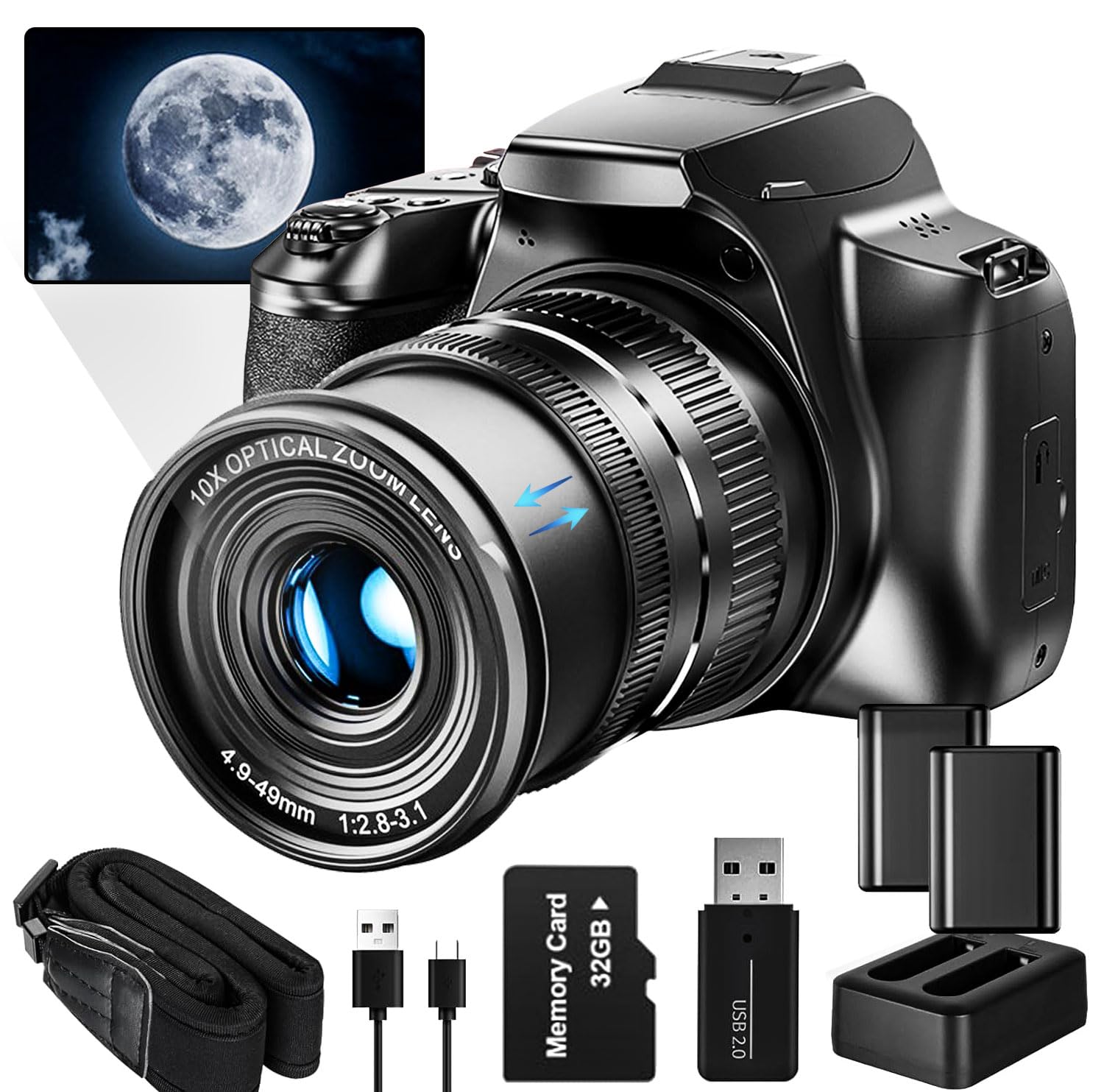 10X Optical Digital Cameras for Photography, 64MP Video Camera, 4X Digital Zoom Vlogging Camera for YouTube with Flash, WiFi & HDMI Output, 32GB SD Card(Black)