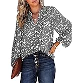 Dokotoo Women's Casual V Neck Alicia Floral Print Smocked Long Sleeve Chiffon Blouses Bohemian Top Shirts
