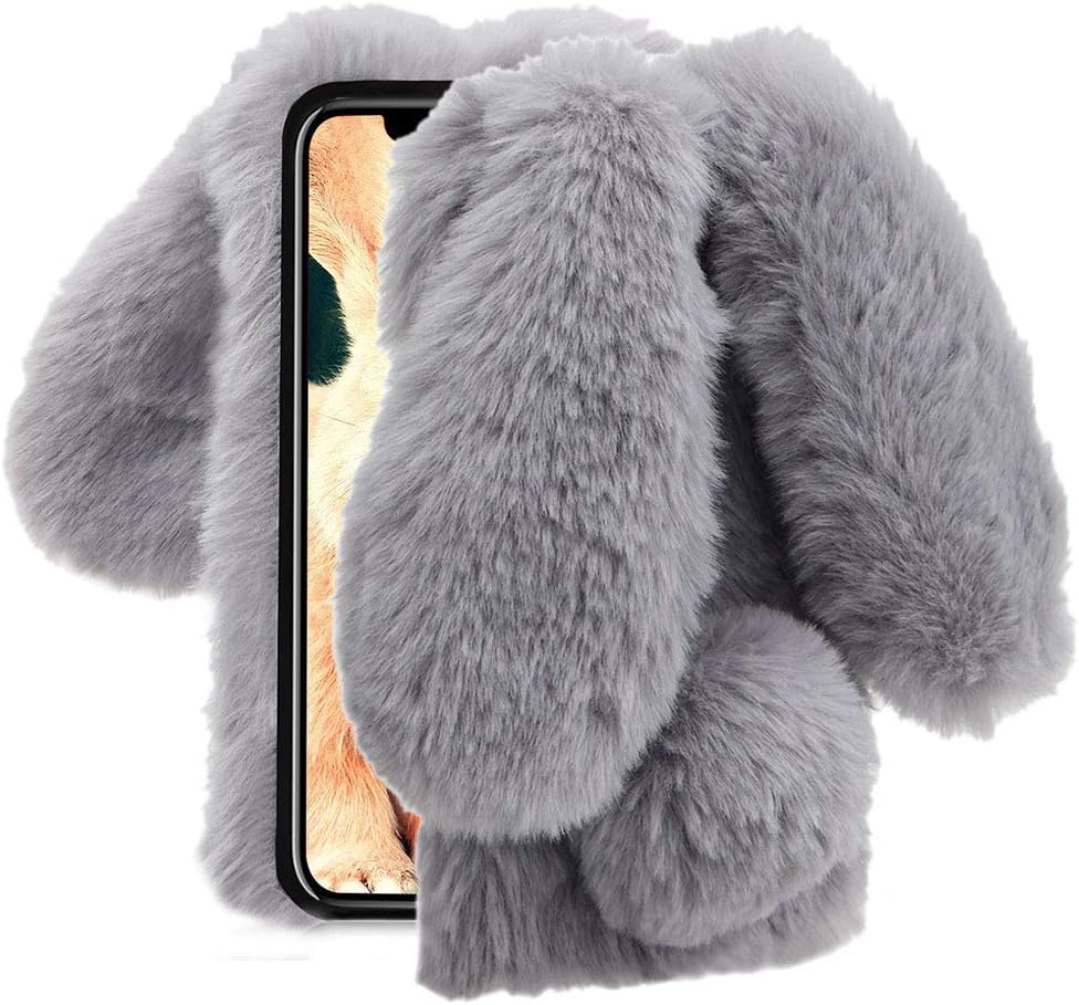 for iPhone Xs/X 5.8 inch Case, Aearl Rabbit Fur Ball Case,Luxury Cute 3D Homemade Diamond Winter Warm Soft Furry Fluffy Fuzzy Bunny Ear Plush Grey Phone Case Cover for Girls Women