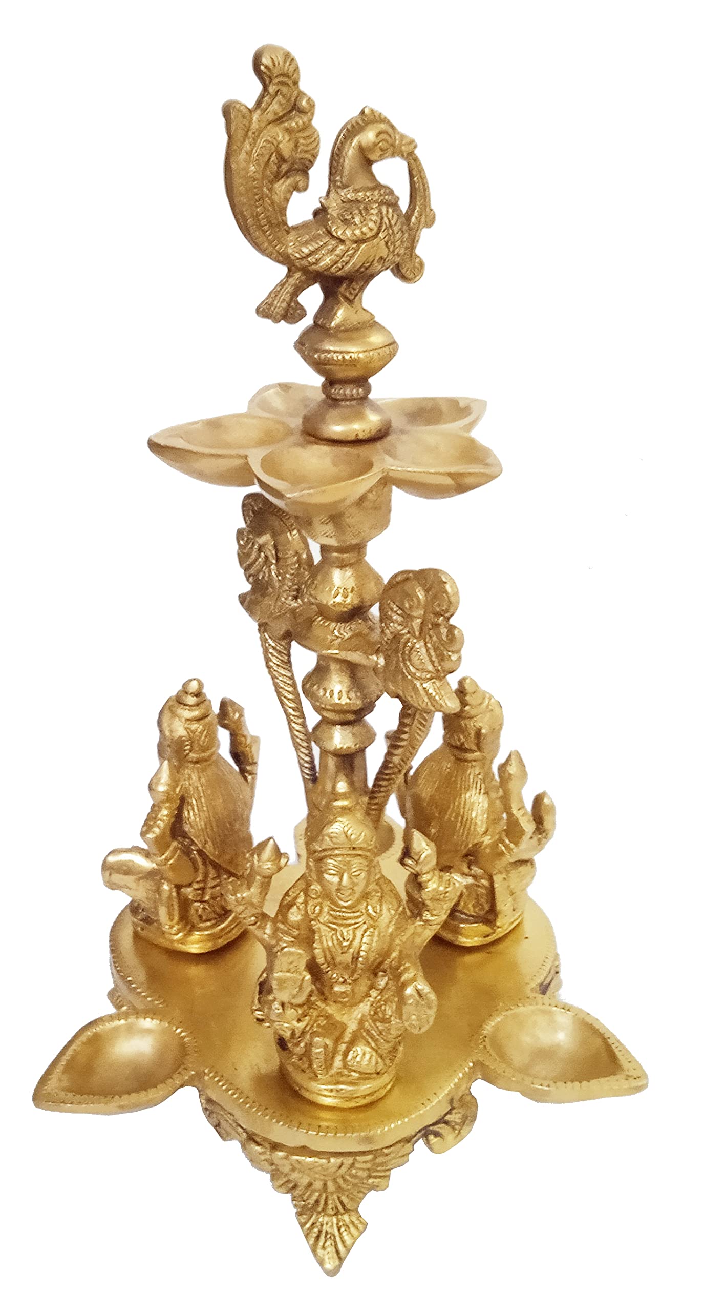 Purpledip Brass Oil Lamp Kuthu Vilakku: Antique Design Royal Deepam Diya with 3 Lakshmi, Parrots & Peacock (12033B)