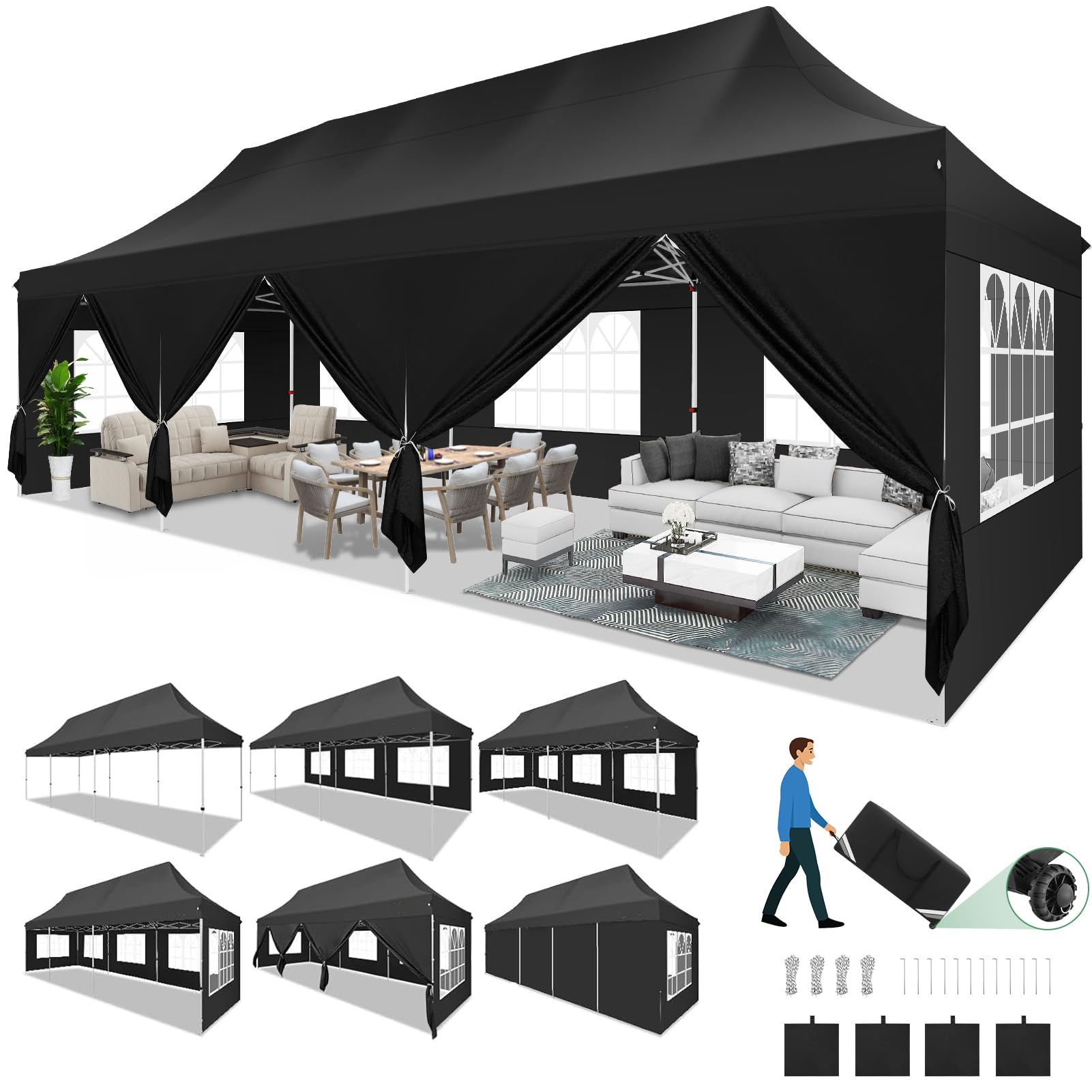 Photo 1 of ***PARTS ONLY, DAMAGED ITEM*** COBIZI Canopy Tent 10x30 Pop Up Canopy with 8 Sidewalls Party Tents for Parties Wedding Patio Commercial Waterproof and UV50+ Ez Outdoor Canopies Instant Gazebo with Roller Bag & 4 Sandbags, Black
