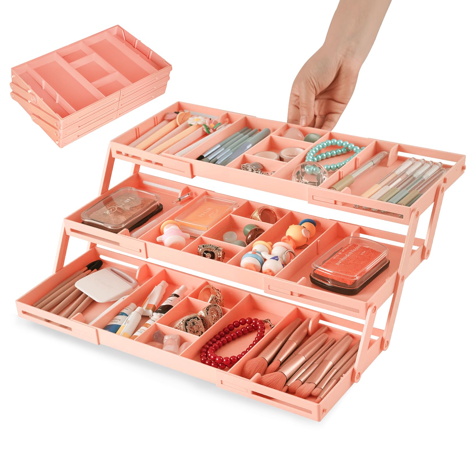 Photo 1 of Lucasden 3 Tier Drawer Organizer - Expandable Junk Drawer Organizer Smart Office Supply Organizer, Folding Storage Multi-level Desk Organizer for Makeup,Jewelry,Kitchen Storage (1 Row 3 Tier, Pink)