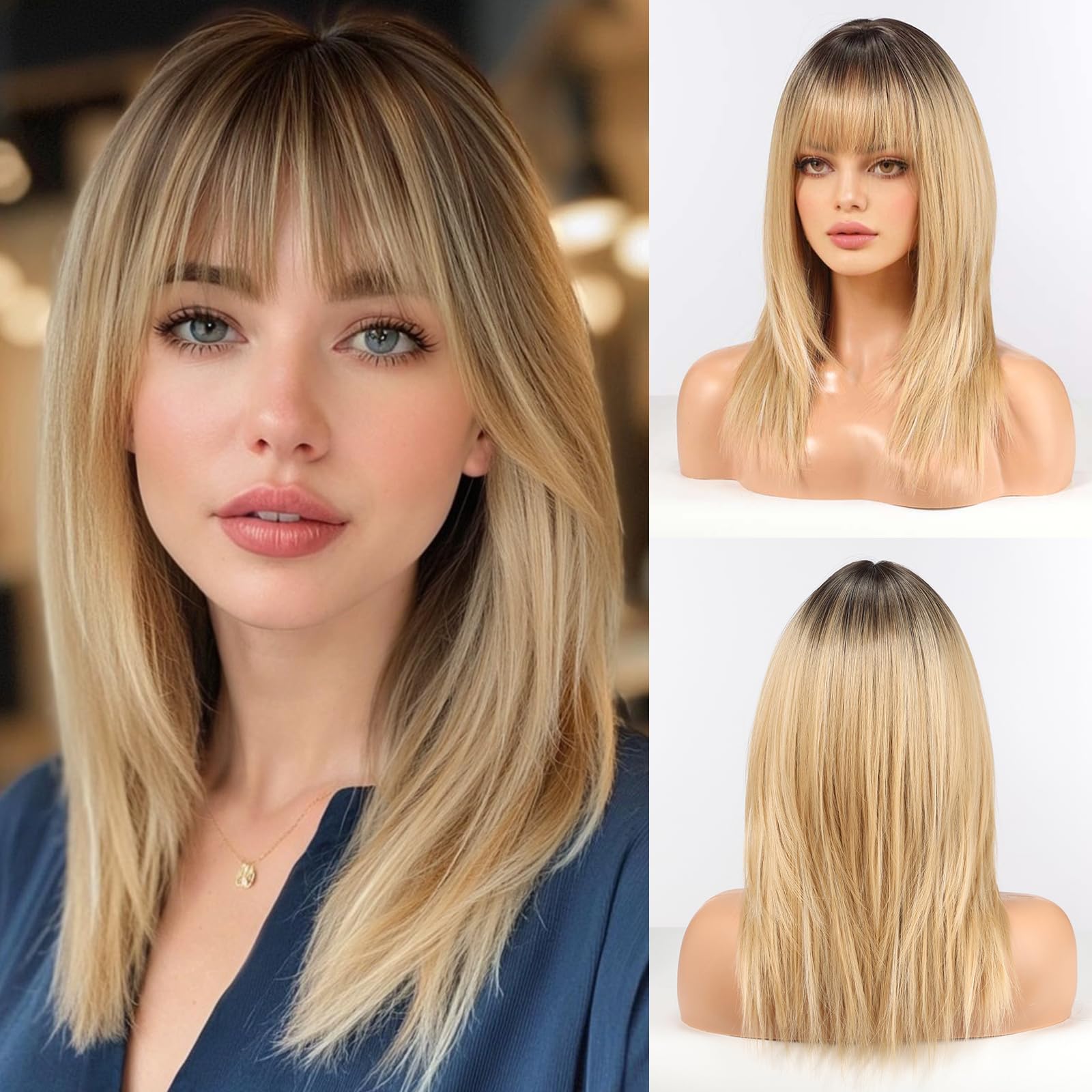 HAIRCUBE Women Wig Straight Wigs for Women Shoulder Length Ombre Blonde Synthetic Wigs with Bangs Daily Cosplay