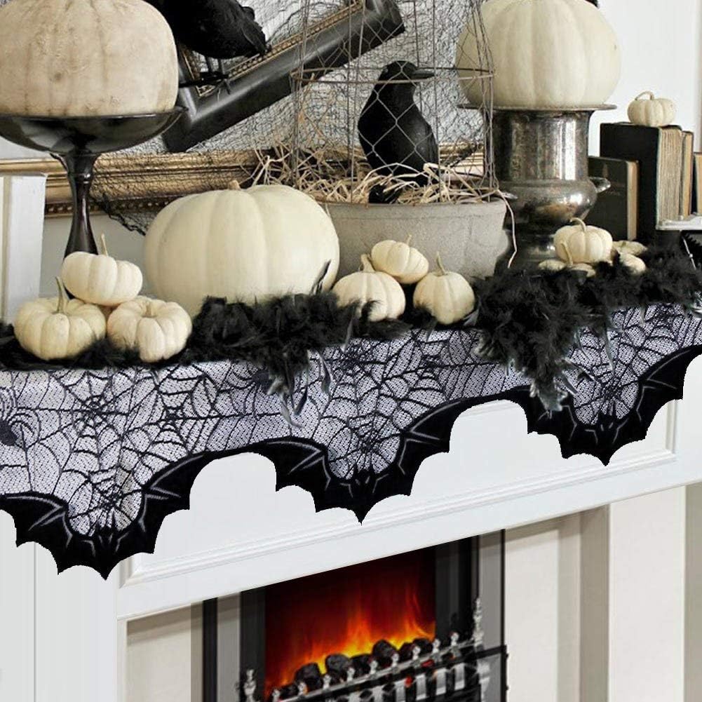 Amazon.com: FunisFun Halloween Lace Fireplace Mantle Scarf Cover, Black Cloth Spider Web Bats Runner Door Window Curtain Kitchen Decorations Gothic Festival Party Decor, 20 x 80 Inch: Home & Kitchen
