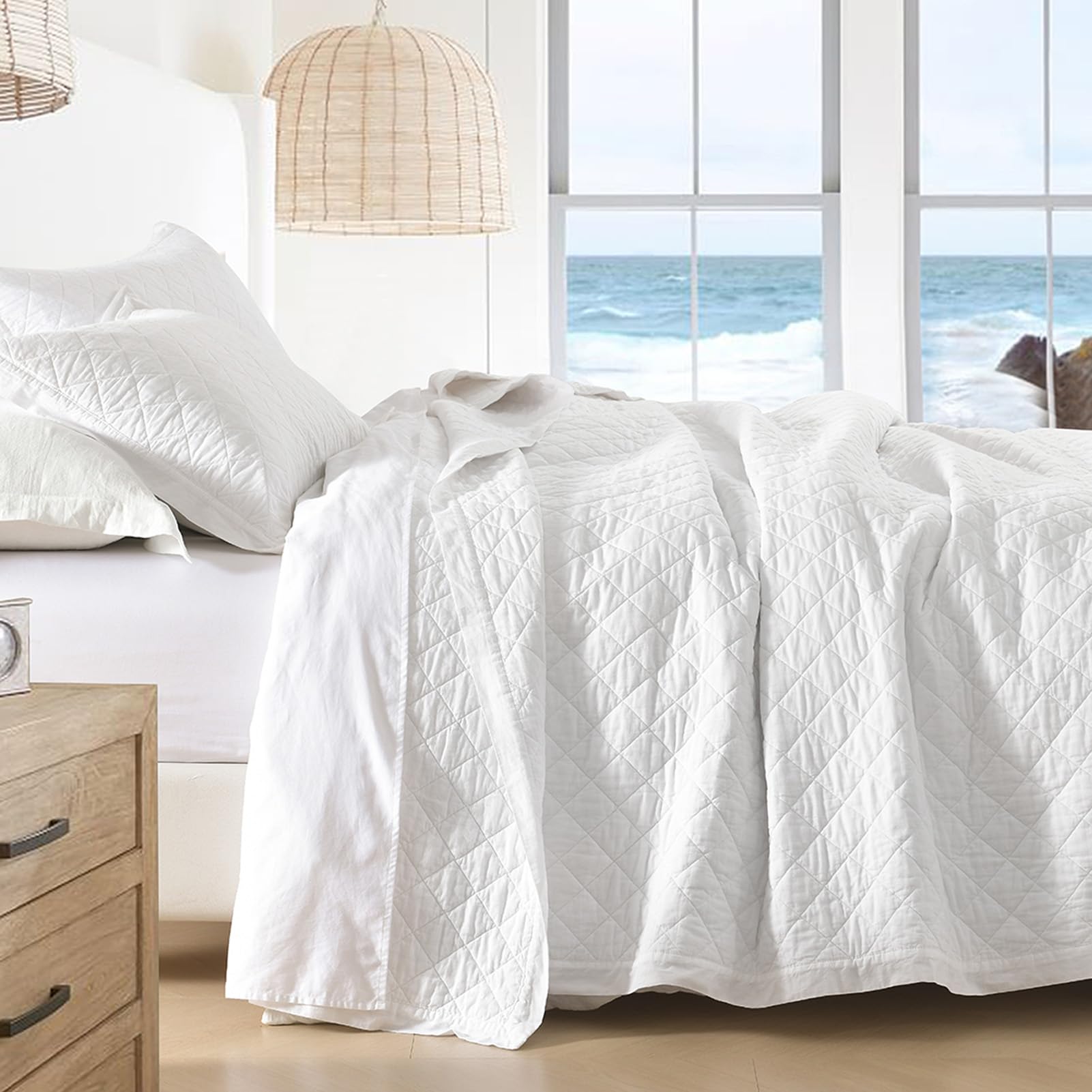 SahSahCasa Quilt Set Queen Size, 100% Cotton Quilt Bedding Set Bedspread, Diamond Pattern Stitching Solid Color Chic Lightweight Quilted Comforter for Queen Bed, White, All Season, 3PCs