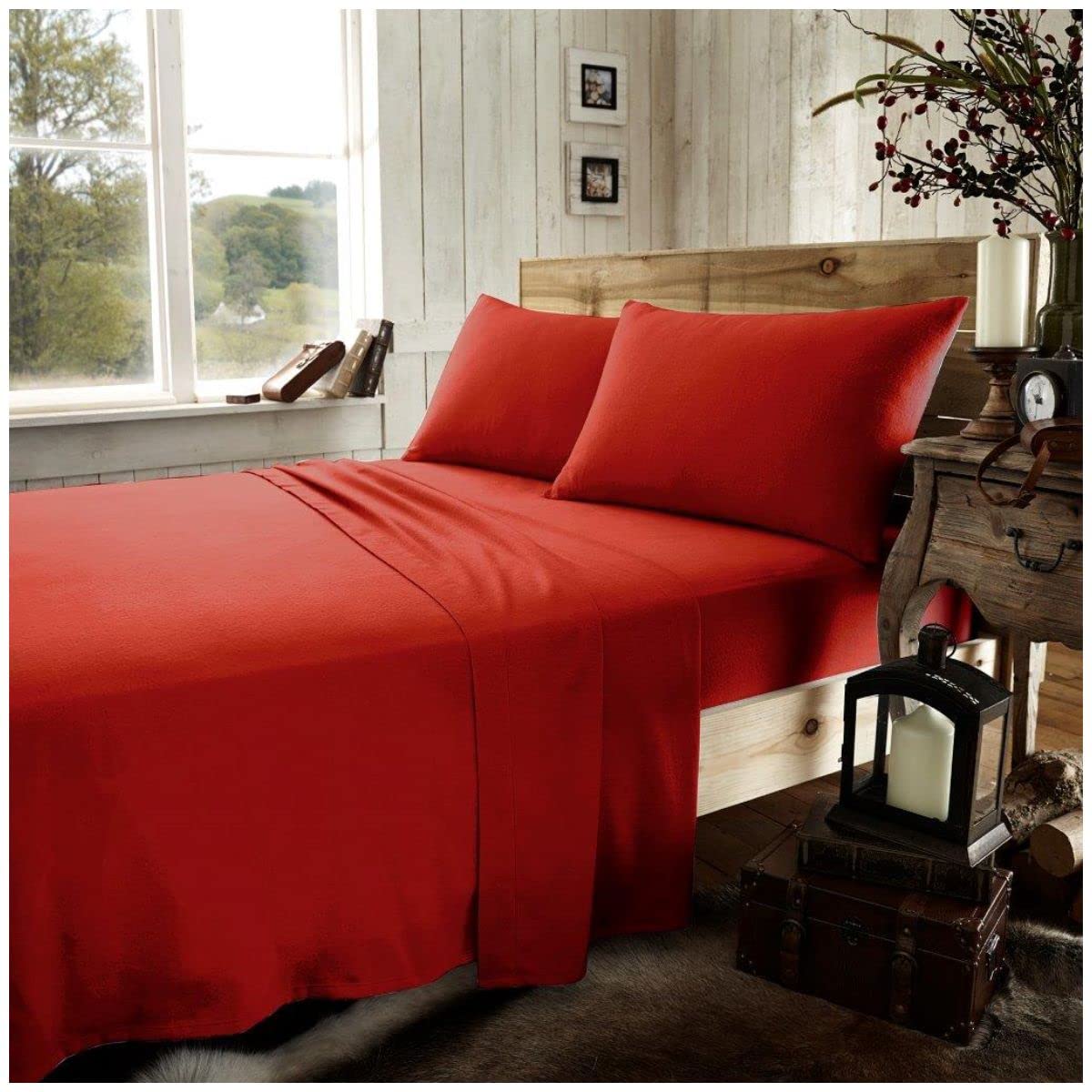 GC GAVENO CAVAILIA Flannelette Duvet Cover OR Bed Sheets, Brushed Cotton Bedding Quilt Cover OR Fitted OR Flat Sheet, Red, Single, (425014)